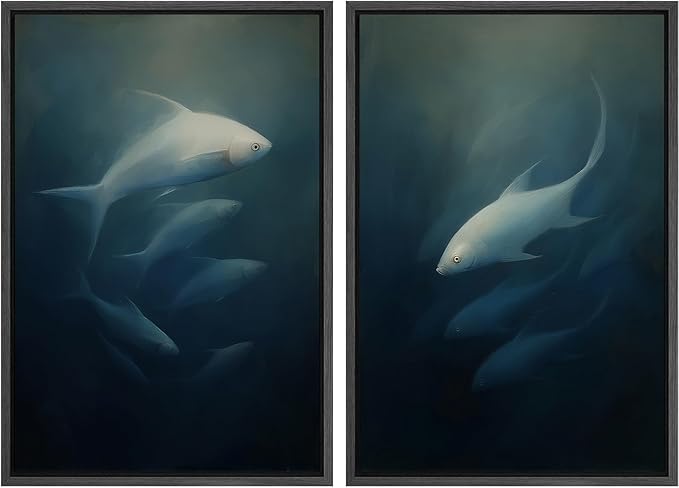 SIGNFORD Framed Canvas Print Wall Art Set Deep Sea Fish Serene Underwater Life in Dark Tones Illustration Modern Art Decorative Nordic Nature for Living Room, Bedroom, Office - 16"x24"x2 Black