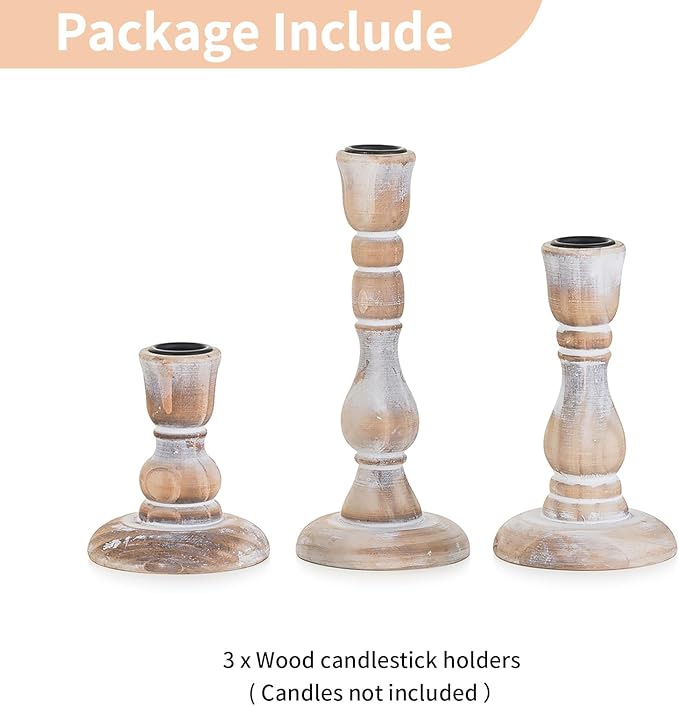 NUPTIO Taper Candle Holders Wood: Set of 3 Rustic Wooden Candlestick Holder - Vintage Candles Stick Candleholder for Fall Thanksgiving Christmas Fireplace Table Decor