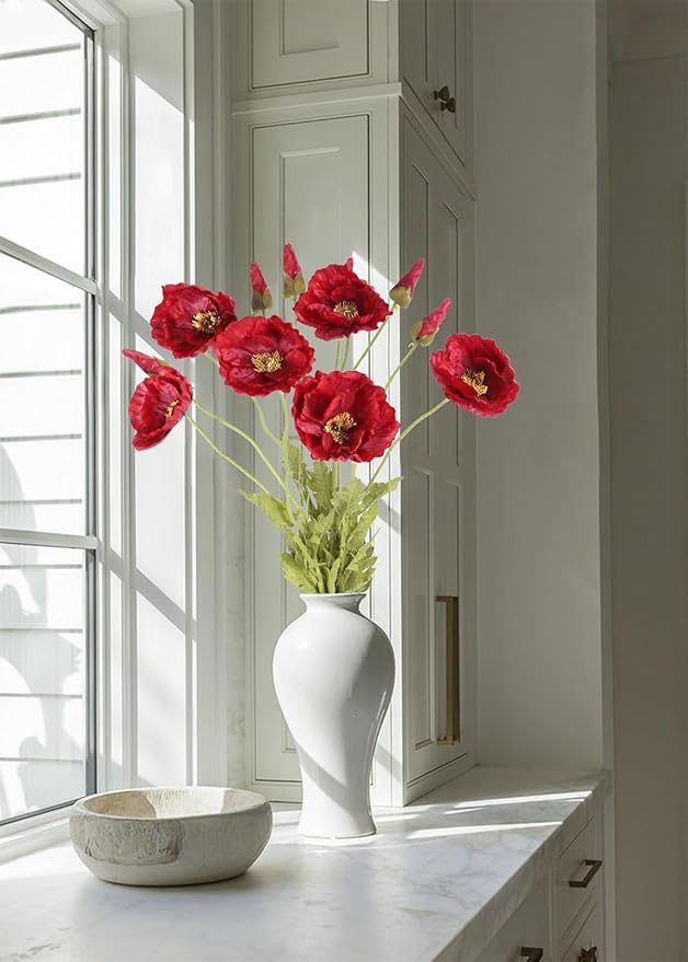 IPOPU 43.3" Red Poppy Flowers Artificial Flowers 6pcs Fake Silk Poppies Long Stem Artificial Flowers for Tall Vase for Wedding Party Home Decor(Red)