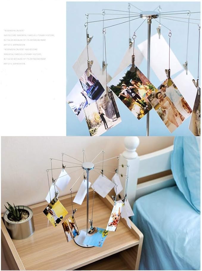 Mollytek Desktop Photo Holder With Clips Postcard Gift Card Picture Display Stand Decor Photo Tree Stand for Table Display Carousel Romantic Design with Plated Wire and 12 Photo Metal Clips