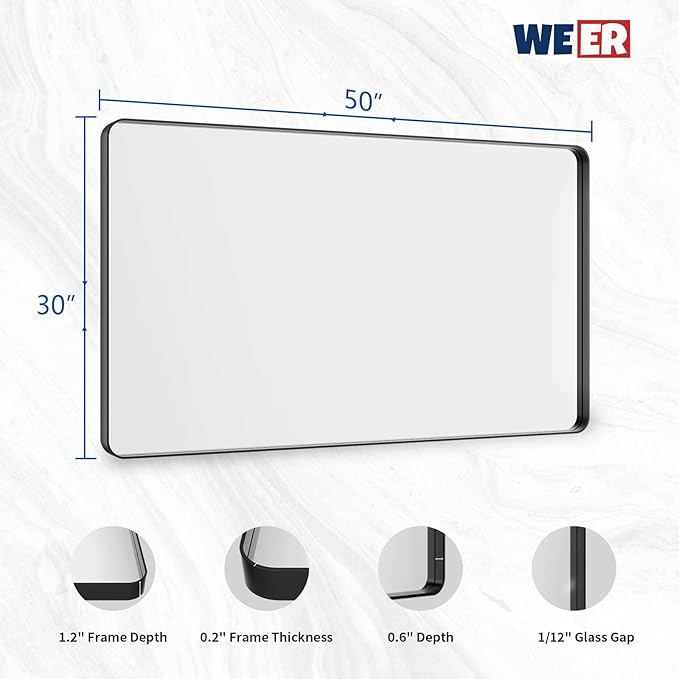 WEER 50X30 Inch Black Metal Framed Bathroom Mirror, Black Bathroom Vanity Mirror Farmhouse, Rounded Rectangular Matte Black Wall Mirrors, Tempered Glass, Anti-Rust (Horizontal/Vertical)