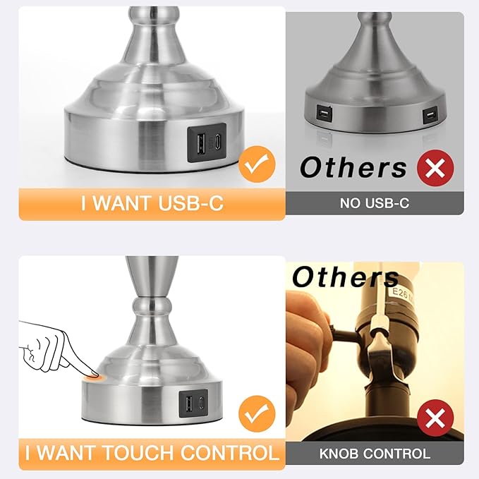 Beige Lamps for Bedrooms Set of 2 - Touch Control Bedside Lamp with USB C+A, 3 Way Dimmable Nightstand Lamps with USB Port, Table Lamp for Living Room(Beige Shade and Nickel Base)