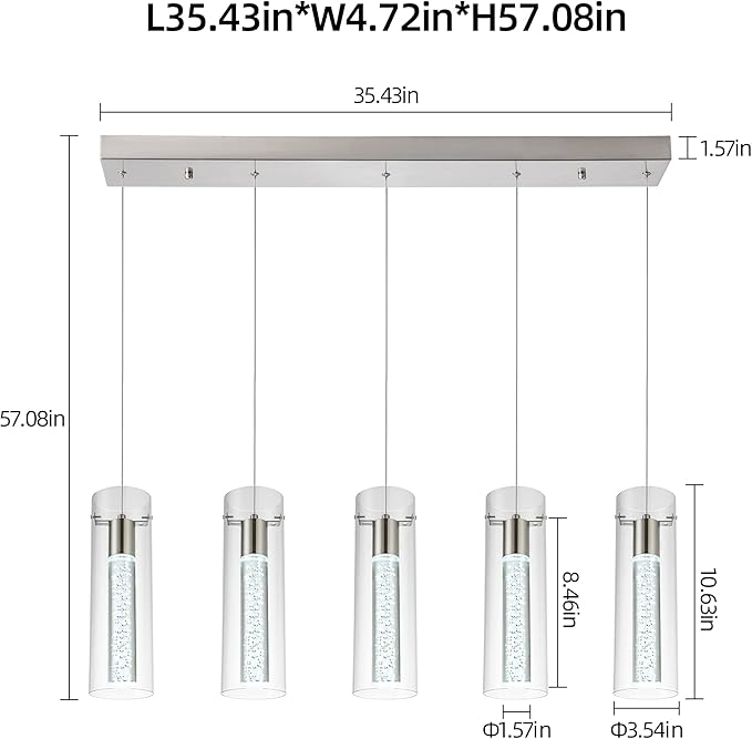 Modern Kitchen Lighting Pendant Fixtures 5-Light LED Pendant Ceiling Fixture Brushed Nickel Bubble Cylinder Pendant Light with Adjustable Length for Kitchen Island Dinning Room Bedroom