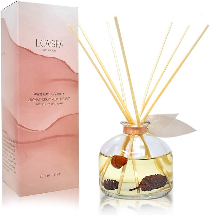 LOVSPA Reed Diffuser Set, White Birch & Vanilla Scented Oil Diffuser with Sticks, Home Fragrance Accessories for Bathroom Shelf Decor, Aroma Diffusers for Home or Office Fall Decor, USA Made