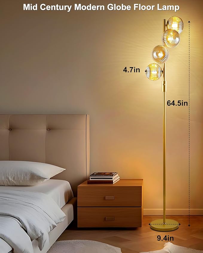 Lightdot 64IN Dimmable Floor Lamp with Glass Globe Shade, Modern Gold Standing Lamps with 4PCS 3000K G9 Bulbs Soft Warm White Eye Care, Mid Century Floor Lamp for Living Room Bedroom