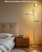 Lightdot 64IN Dimmable Floor Lamp with Glass Globe Shade, Modern Gold Standing Lamps with 4PCS 3000K G9 Bulbs Soft Warm White Eye Care, Mid Century Floor Lamp for Living Room Bedroom