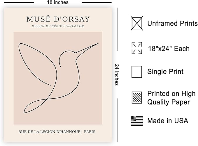 Poster Master Vintage Poster - Retro One Line Hummingbird Drawing Print - Bird Line Art - Minimal Gift for Him, Her, Animal Lover - Abstract Decor for Home, Office, 18x24 Unframed Wall Art
