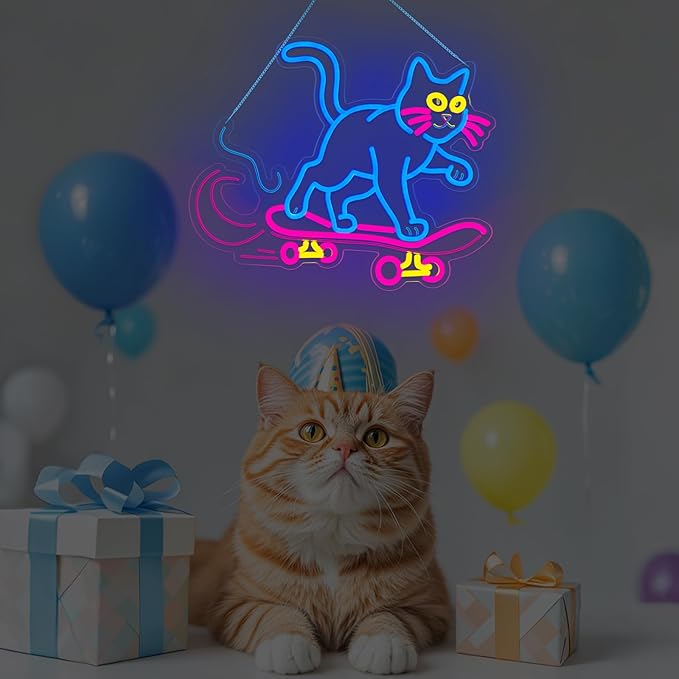 Cute Cat Neon Sign, Skateboard Neon Signs for Wall Decor Dimmable USB Room Decor for Teen Girl, Party, Bedroom, Pub, Furniture, Gifts for Birthday, Christmas (Cool Cat-Blue)
