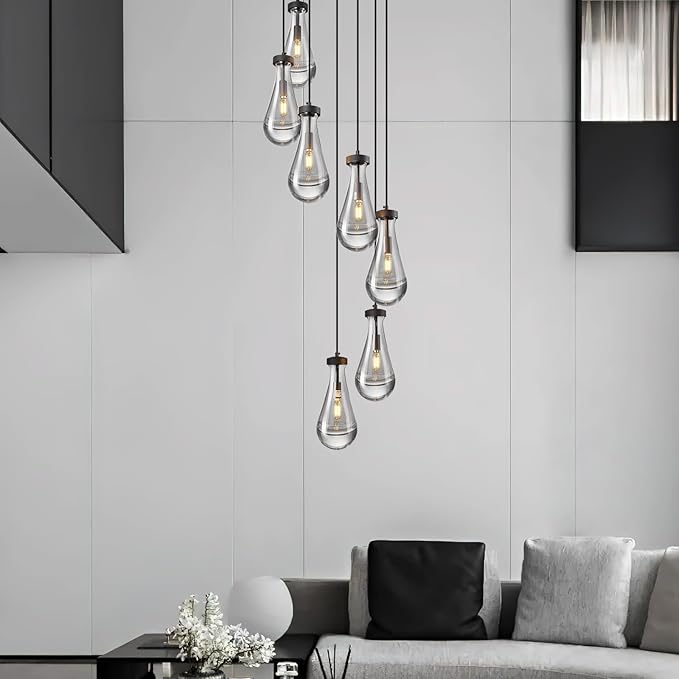 Raindrop Pendant Lights Kitchen Island Teardrop Black Hanging Light Fixtures Clear Solid Glass Pendant Light Modern Chandeliers for Dining Room Porch Corridor Living Room(7-Light)