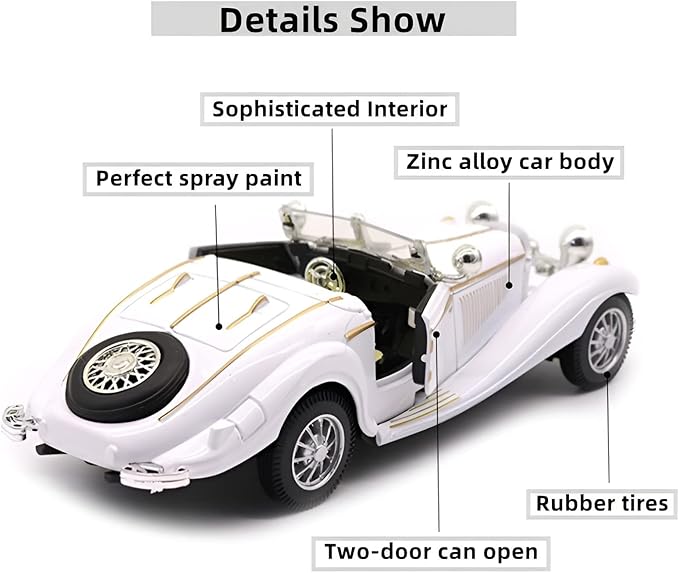 1:28 Scale Pullback Diecast Metal Antique Classic Model Cars Collectible Toy Gifts (White,Length 6.5in/16.8cm)
