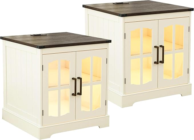 ChooChoo Farmhouse End Table Set of 2, 24" Large Sofa Side Table with Charging Station & LED Light, Nightstand with Adjustable Storage Shelf for Living Room Beige (Cream Mix with White)