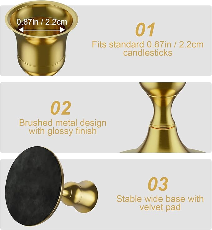 12PCS Brass Gold Taper Candle Holders Set, Vintage Metal Candlestick Holders for Dinner Room Table Centerpiece or Mantel Wedding Party Decor