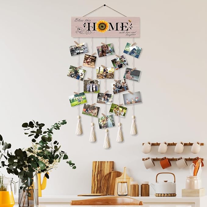 Bless This Home with Love and Laughter Hanging Photo Display Board with 16 Clips 5 Strings,Rustic Style Picture Collage Frames Wall Decor Wood Hanging for Home Décor,Housewarming Gifts