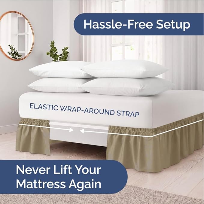Wrap Around Dust Ruffle Bed Skirt - Khaki - for King Size Beds w/ 15 Inch Drop - Easy Fit Elastic Strap - Adjustable Pleated Bedskirt w/Brushed Fabric - Wrinkle Free - for Women, Men, Kids & Teens
