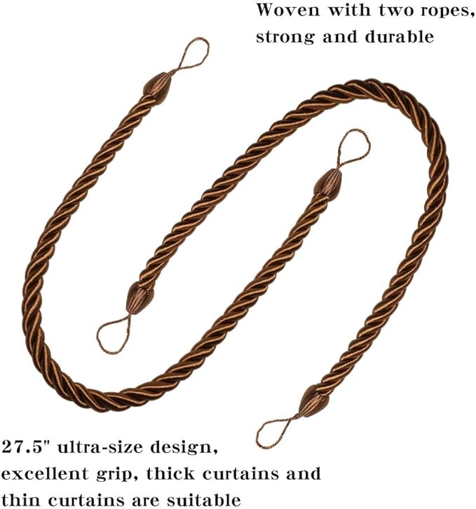 BEL AVENIR Curtain Rope Tiebacks, Drapery Rope Holdbacks with 4 Metal Screw Hooks (Coffee, 4pack)