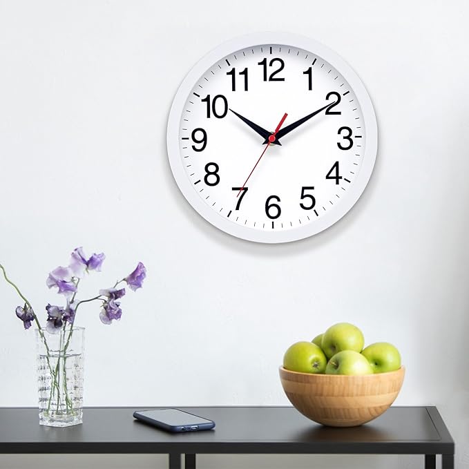 Wall Clock Modern 10 Inch Battery Operated Silent Non Ticking Analog Clock Decorative for Bedroom Kitchen Bathroom Office Home (White)