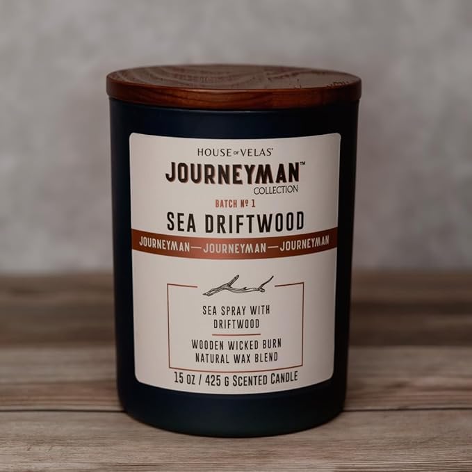 Journeyman Collection Candle, 15oz, Wooden Wick, Sea Driftwood, Large Painted Jar