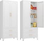 Kitchen Pantry Cabinet, 75" Tall Metal Pantry Cabinet with Two Drawers, Food Cupboards with Doors and Shelves, Freestanding Storage Cabinets for Dining, Living Room, White, Assemble Required