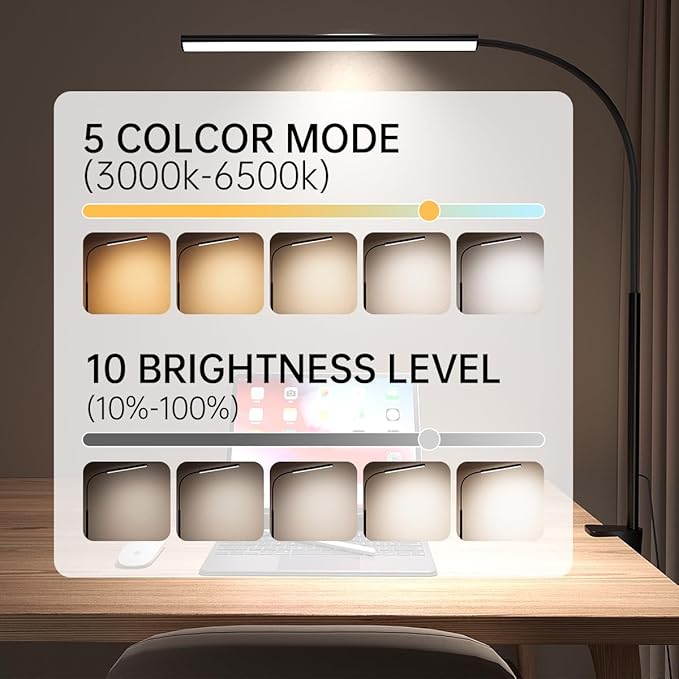 LED Desk Lamp with Clamp, Eye-Protection Clip on Desk Lamp, 5 Modes 10 Brightness Adjustment, 360°Flexible Gooseneck Lamp for Home Office, Lamps with USB Adapter，Black