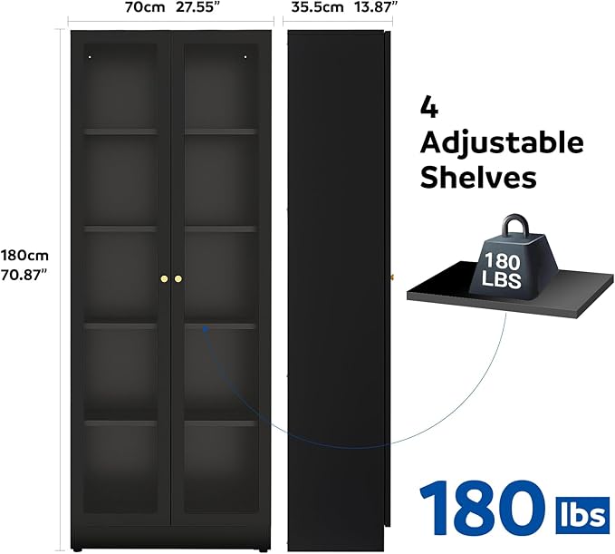 5 Tier Metal Curio Cabinets, Modern Bookshelf Cabinet with 4 Adjustable Shelves, Cabinet Display Case for Home Office, Living Room, Pantry (Black-27.5W)