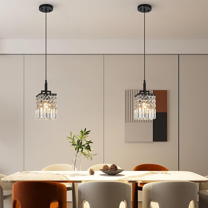 Modern Crystal Pendant Light Kitchen Island Farmhouse Lamp Adjustable Height Hanging Lighting Square Black Chandelier Suitable for Kitchen Island Dining Room and Bedroom(2Pack)