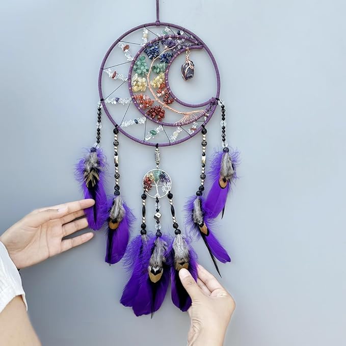 7 Chakras Dream Catchers Moon Tree of Life Dream Catcher Violet Feather Dreamcatcher Wall Decor with Rainbow Healing Crystal Stone Wall Art Hanging for Bedroom Home Decor Bless Gift Wedding Party