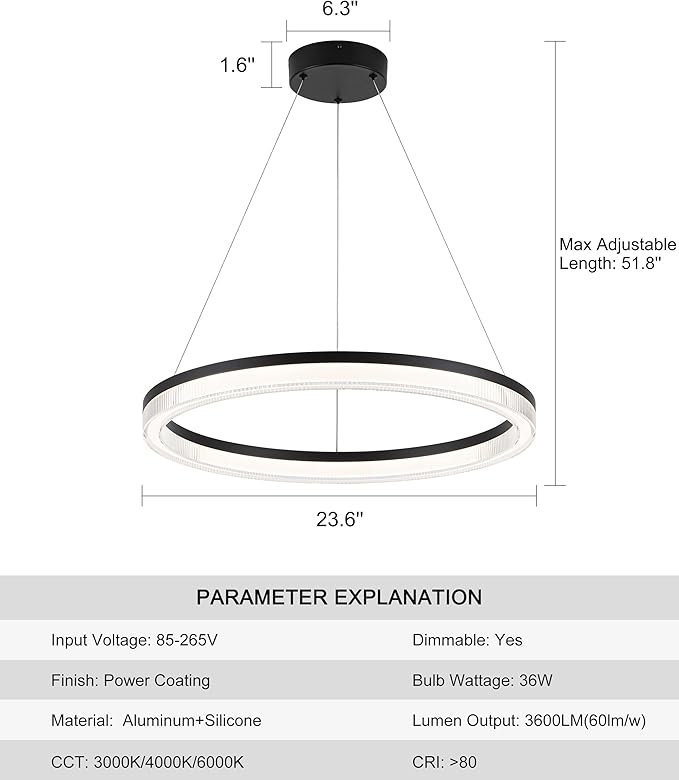 Modern Black Led Pendant Light,36W Dimmable LED Chandelier Lighting Fixture, 1 Ring Circular Hanging Led Pendant Lighting for Living Room Dining Room Kitchen Island Foyer Office