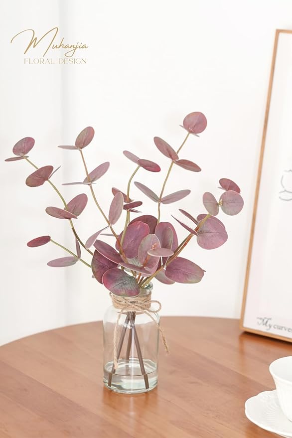 Artificial Eucalyptus Stems in Glass Vase with Faux Water,3Pcs Fake Plant with Double-Sided Purple Leaves for Centerpiece(Double-Sided Purple Eucalyptus)