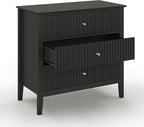 Large Black Fluted 3 Drawer Dresser Set of 2, Chest of Drawers with Ball Bearing Slide Modern 30 inch Tall Wood Nightstand with Spacious Storage for Bedroom Hallway Living Room Entryway