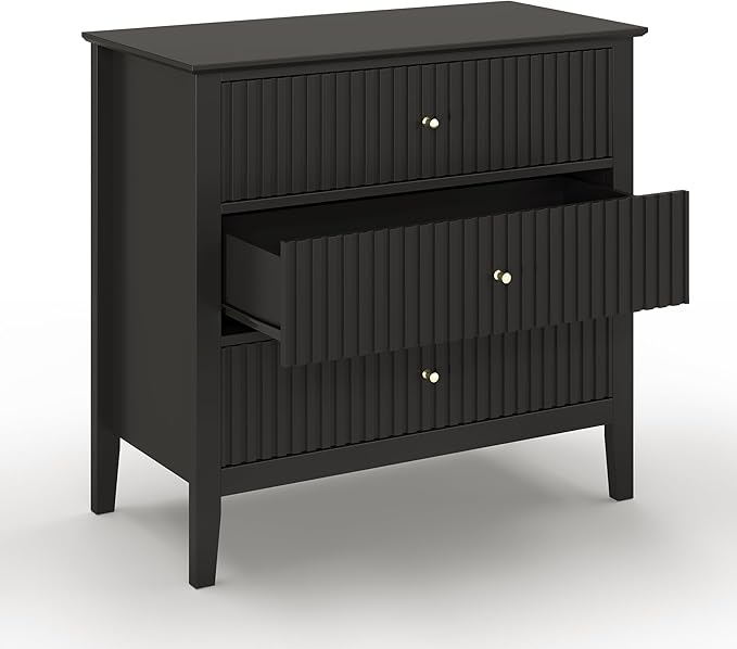 Large Black Fluted 3 Drawer Dresser Set of 2, Chest of Drawers with Ball Bearing Slide Modern 30 inch Tall Wood Nightstand with Spacious Storage for Bedroom Hallway Living Room Entryway