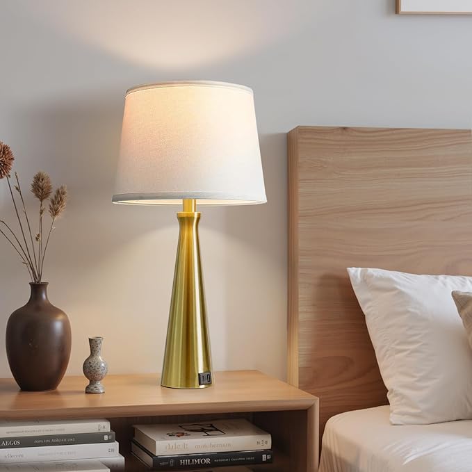 Seealle Modern Table Lamps Set of 2 - Touch Bedside Lamp for Nightstand with USB C+A,3-Way Dimmable Coppery Nightstand Lamps for Living Room Bedroom End Table with White Shade(Bulb Included)