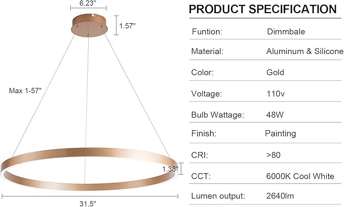 MADEM Room Decor Modern LED Chandelier 1-Ring Circular Dimmable Pendant Light Flush Mount Pendant Lighting for Living Room Dining Room, Bedroom, 31.5'' x 1.38'', 3000K-6000K, Gold