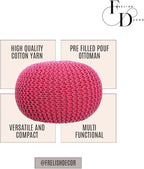 FRELISH DECOR Round Pouf Ottoman Hand Knitted 100% Cotton Pouf Foot Stool - Knitted Bean Bag - Floor Chair for Living Room - Bedroom Foot Rest for Couch (20 Diameter x 14 Height) - Dark Pink