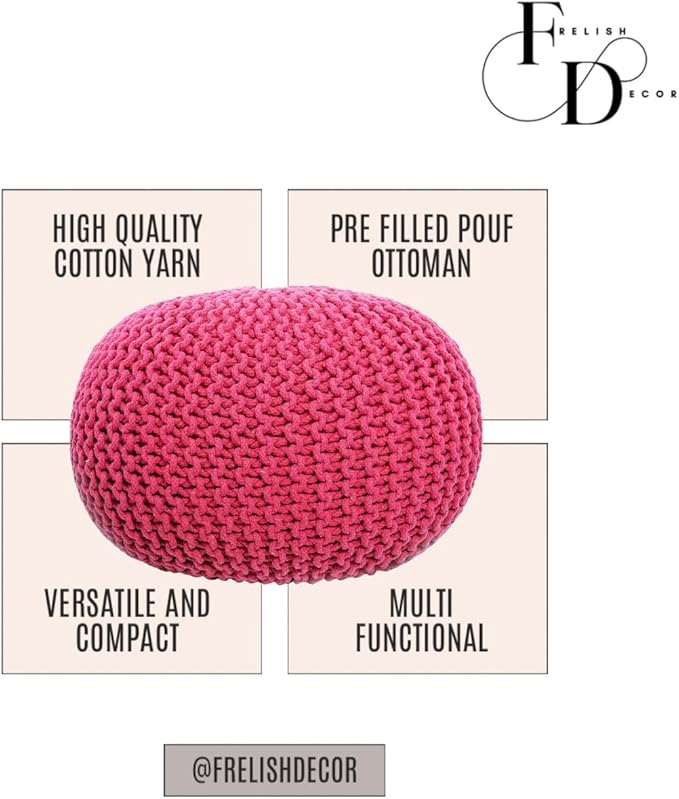 FRELISH DECOR Round Pouf Ottoman Hand Knitted 100% Cotton Pouf Foot Stool - Knitted Bean Bag - Floor Chair for Living Room - Bedroom Foot Rest for Couch (20 Diameter x 14 Height) - Dark Pink