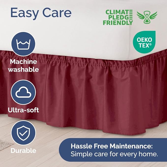 Wrap Around Dust Ruffle Bed Skirt - Burgundy - for Queen Size Beds with 21 Inch Drop - Elastic Strap - Adjustable Pleated Bedskirt with Brushed Fabric and Wrinkle Free - for Women, Men, Kids & Teens