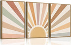 Bwodke Boho Wall Art, Framed Abstract Wall Art, Sun Rising on the Horizon Neutral Canvas Wall Decor, Mid Century Geometric Pictures Set of 3, Minimalist Paintings, for Bedroom Living Room Bathroom 16"x24"