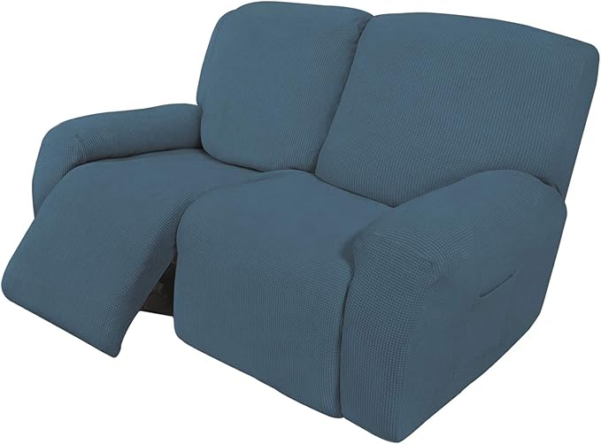 Easy-Going 6 Pieces Recliner Loveseat Stretch Sofa Slipcover Sofa Cover Furniture Protector Couch Soft with Elastic Bottom Kids, Spandex Jacquard Fabric Small Checks Bluestone