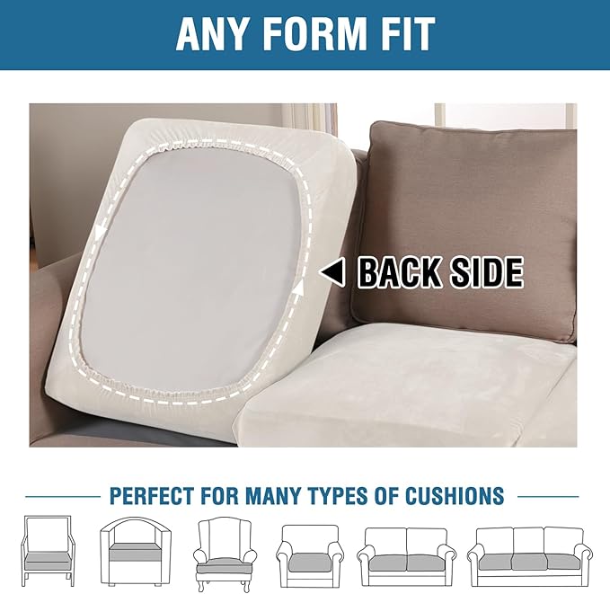 H.VERSAILTEX Velvet Stretch Couch Cushion Cover Plush Cushion Slipcover for Chair Loveseat Sofa Cushion Furniture Protector Seat Cushion Sofa Cover (3 Piece Sofa Cushion Covers, Porcelain)