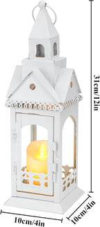 TRIROCKS Rustic Style Metal Candle Lantern 12'' High Decorative Outdoor Lantern Candle Holder with Tempered Glass House Shape for Home Living Room Garden Patio Parties Indoors Outdoors (White)