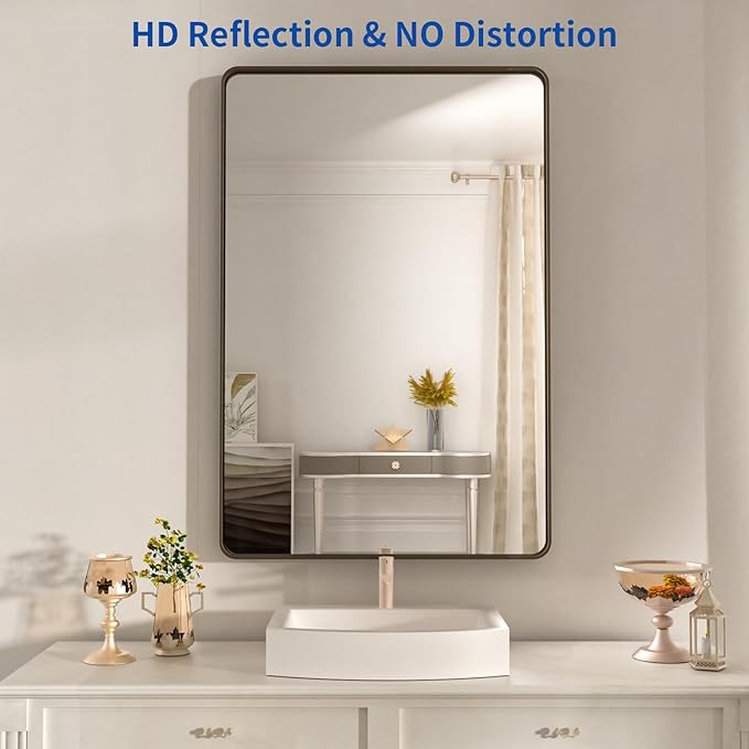 WEER 20x30 Inch Bronze Bathroom Mirror for Vanity, Brushed Bronze Metal Frame Mirror for Wall, Rounded Rectangle Bronze Frame Mirror with Tempered Glass, Anti-Rust (Horizontal/Vertical)