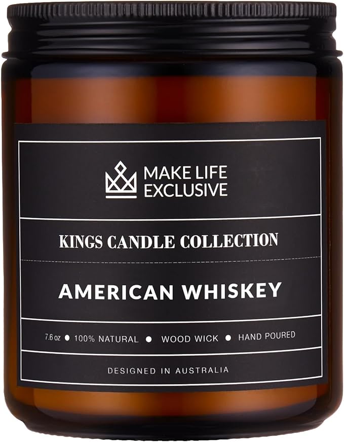 Scented Candles for Men | Whiskey Scented | Wooden Wick, Long Lasting, Masculine Scents | Natural Soy Jar Candle for Home, Bacehlor Pad Decor | The Perfect Mens Gift