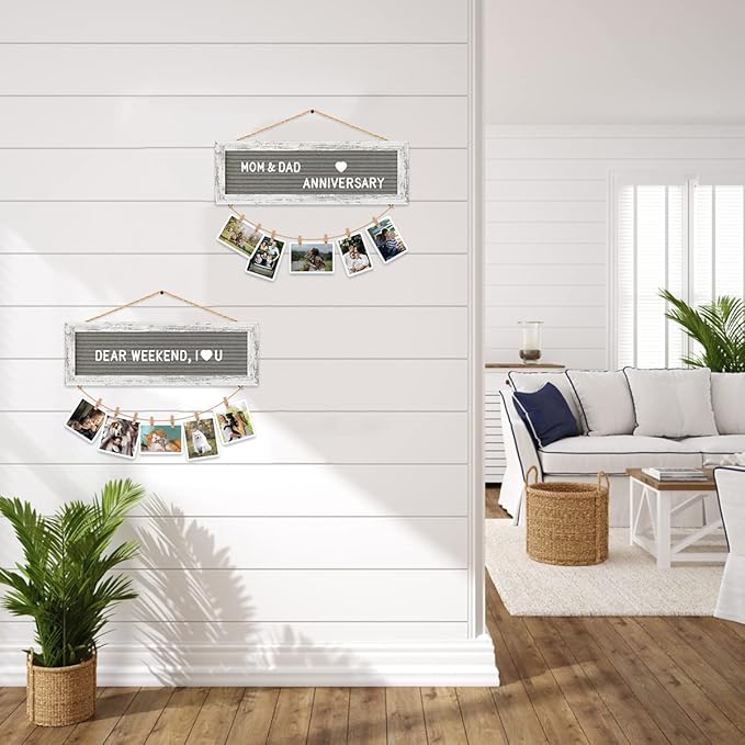 Picture Frames Hanging Display Wooden Board, Felt Letter Board with 340 Letters and 15 Clips, Photo Frames Collage Wall Decor for Family Birthday Mothers Day Party Gifts
