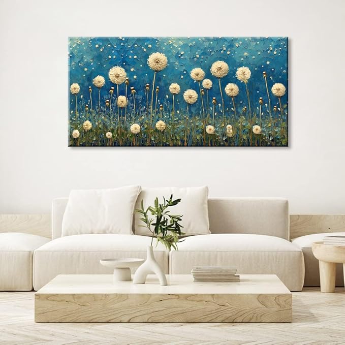 LASMOND Teal Dandelion Wall Art for Living Room Abstract Blowball Canvas Painting Prints Large Flower Floral Grassland Bedroom Decoration Modern Artwork Decor (46x23 Inches)