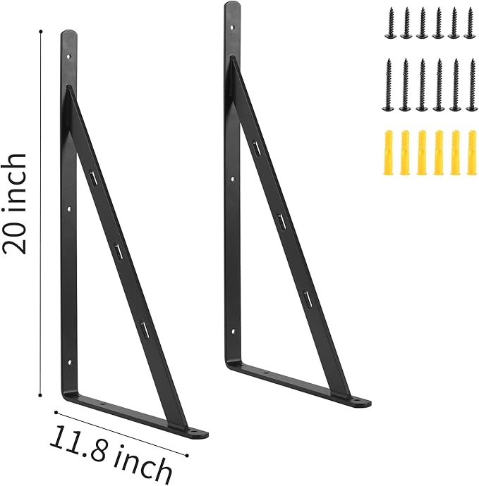 Aluminum Alloy 20 inch x 12 inch Heavy Duty Shelf Bracket ，Max Load 360 LBS, 4-Pack Floating Shelf Brackets Corner Brace Joint Right Angle Bracket Black L Brackets Heavy Duty