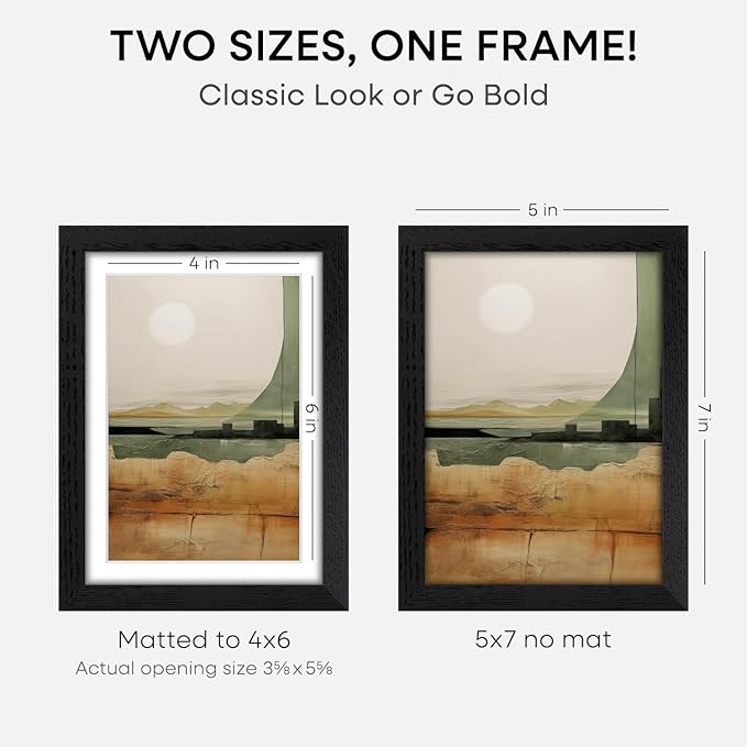 Homeforia 5x7 Picture Frame Black Wood, High End Oak 5by7 Black Wooden Frames with Mat 4x6 Print, 5 x 7 Frame Matted to 4 x 6 inch Photo, 7x5 Wall or Tabletop Frame, Tempered Glass, Wall Kit, Set of 1