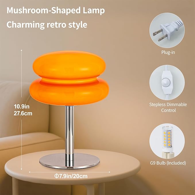 Vintage Mushroom Lamp, Orange Glass Lamp with Metal Base, Dimmable Bedside Table Lamp for Bedroom, Living Room, Mid Century Modern Retro Style, Plug in Nightstand Light