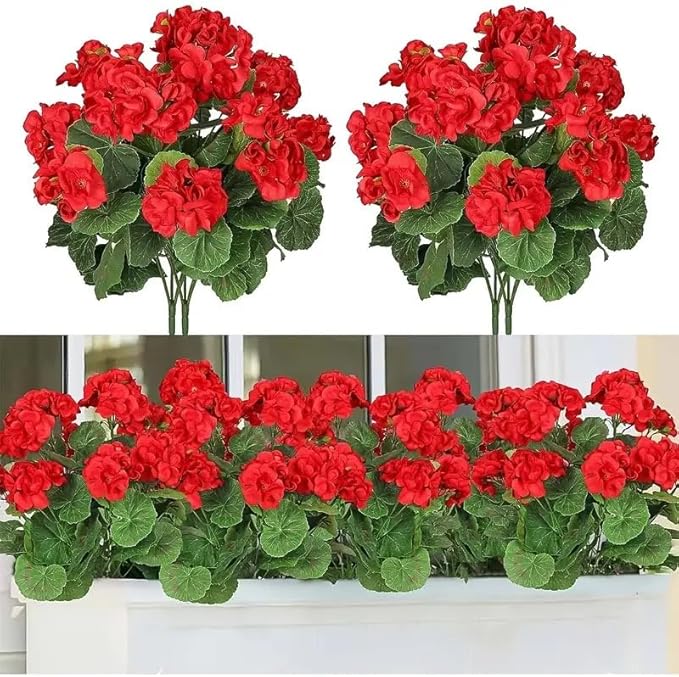 Artificial 5-Bud Red Geranium Flowers, Faux Flowers for Patio or Balcony, UV Resistant Artificial Flowers for Outdoors, Wedding Decor, Fake Plants for Garden or Home Decoration