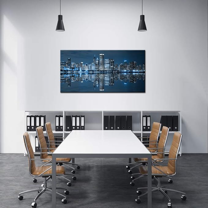 LevvArts Modern City Wall Art Chicago Downtown at Night Picture Print on Canvas Building Artwork for Office Living Room Wall Decoration