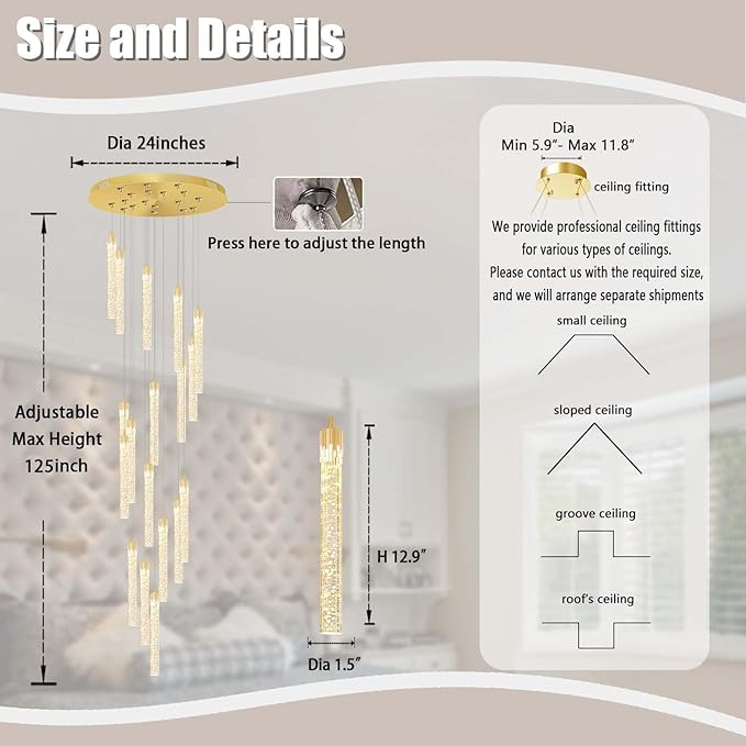 H125'' Modern Crystal Chandeliers for Entryway 18-Lights LED Dimmable Chandeliers Lighting Fixture Large Pendant Light for Staircaes Living Room Villa