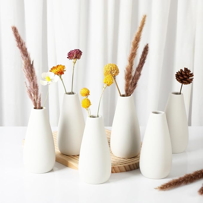 YANLING 6 Pcs White Ceramic Vases for Home Decor, 6 Inch Modern Centerpieces, Small Boho for Pampas Grass, Table Vase for Dried Flowers
